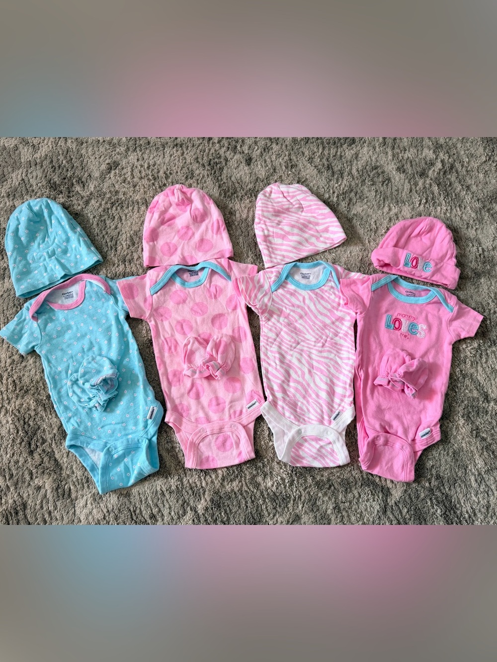 Gerber Pink and Blue Baby One-Piece Bodysuit Set with Matching Hats - 4 Pack